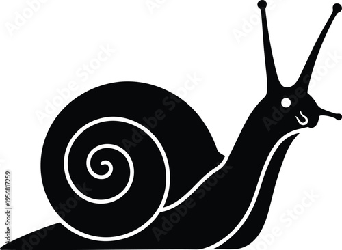 Snail silhouette illustration, spiral shell mollusk icon, slow garden animal symbol, cute wildlife creature graphic isolated on white background