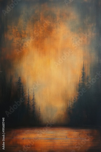 Tall pine silhouettes frame a hazy glowing orange sunset, with a calm water surface reflecting warm light