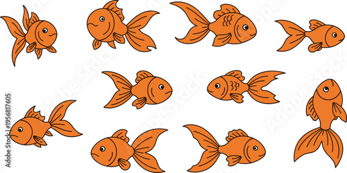 Cute Goldfish Vector Set with Cartoon Orange Fish Characters, Hand Drawn Aquarium Fish Collection for Pet Design, Marine Life Illustrations, and Underwater Graphics