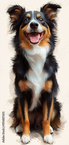Joyful tricolor dog sitting upright with fluffy black, tan and white fur, bright eyes, perky ears, wide smile and tongue out conveying playful happiness