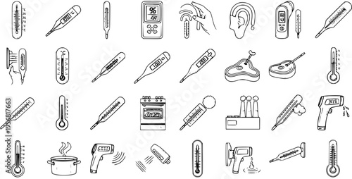 Thermometer Icons Set: Hand-drawn Illustrations for Measuring Body, Food, and Environmental Temperatures.
