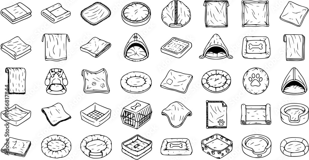 Naklejka premium Doodle Pet Bed Collection: Hand-Drawn Vector Icons of Dog Cat Sleeping Spots for Cozy Home Decor