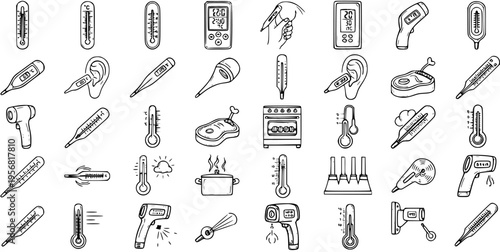 Hand-Drawn Doodle Thermometer Icons Set for Medical, Food, and Environmental Temperature Measurement
