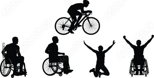 Athlete and wheelchair user silhouettes set including cycling, jumping and adaptive sports isolated on white background, inclusivity, active lifestyle and motivation concept illustration