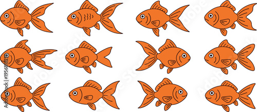Goldfish Vector Set with Cute Cartoon Fish Illustrations, Orange Aquarium Fish Collection for Pet Design, Marine Life Graphics, and Underwater Animal Decorations