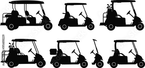 Black silhouette vector illustration of six different golf carts in varied designs with seating, roof structures, and accessories, artwork concept for sports, vehicles, leisure, and design projects