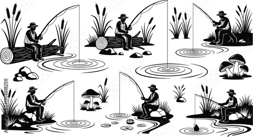 Fishing Silhouette Vector Set with Angler by Lake Scenes, Black and White Fisherman Collection for Outdoor Activity, Nature Illustration, and Recreation Design