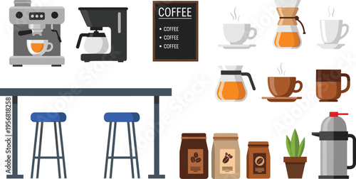 Black-and-white and color illustration of coffee equipment, cups, bags, and café accessories, symbolizing coffee culture, brewing methods, café lifestyle, and creative artwork projects