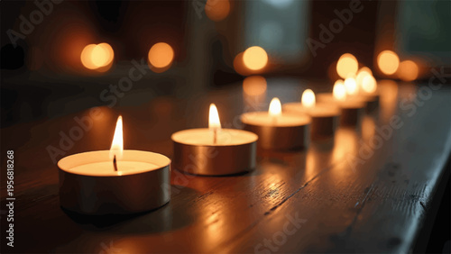 Set of tea light candles on wooden table