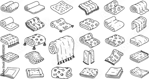 Cartoon Vector Doodle Illustration Set of Folded and Rolled Blankets, Rugs, and Mats with Various Patterns including Pet Prints, Home Textile Collection Outline Icons