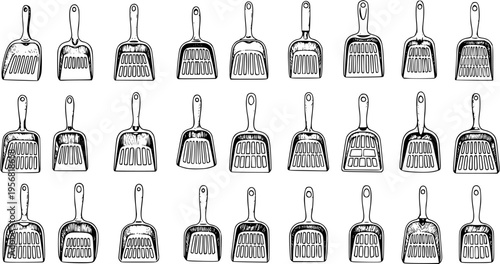 Diverse collection of hand-drawn cat litter scoops. Set of detailed vector illustrations depicting various sifting shovel designs for pet waste, hygiene, and cleaning.