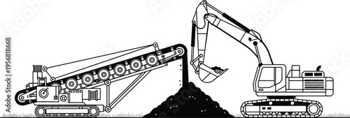 Black-and-white silhouette illustration of excavator loading dirt onto conveyor machine, symbolizing construction logistics, heavy equipment operation, earth-moving machinery, and