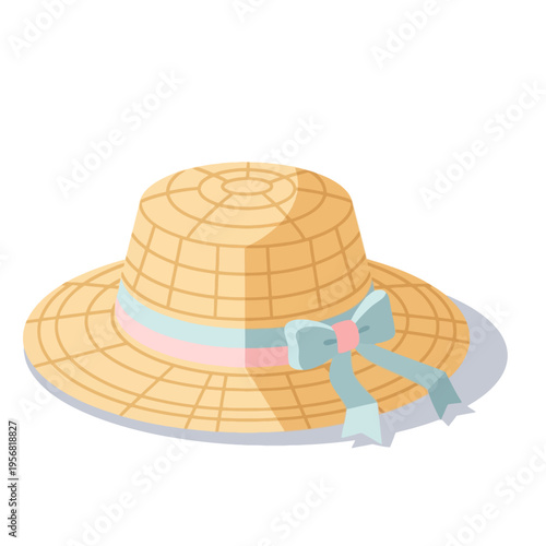 A charming straw hat with a light blue ribbon and a pink stripe, adorned with a bow.