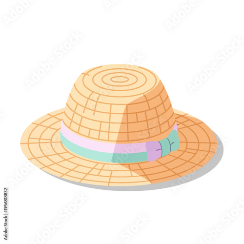 A light brown straw hat with a colorful ribbon band, casting a subtle shadow.