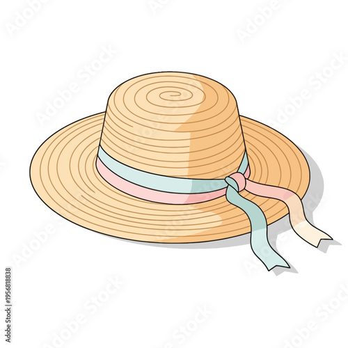A straw hat with a ribbon tied around the crown, casting a shadow on a white background.