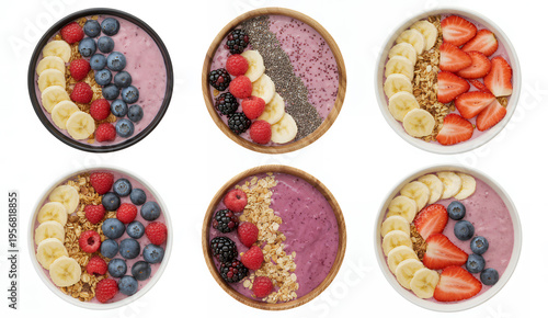 Six bowls of fruit and granola smoothie toppings smoothie bowls healthy breakfast