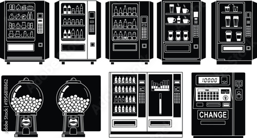 Black-and-white silhouette illustration of multiple vending machines including snack, drink, gumball, and change dispensers, symbolizing retail automation, commercial equipment,