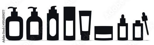 Black cosmetic packaging bottles with blank labels set pump bottle tube jar and dropper vector illustration