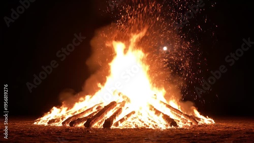 A large bonfire at night, with flames and sparks illuminating the dark sky