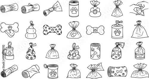 Collection of Hand-Drawn Icons Related to Dog Care and Waste Disposal