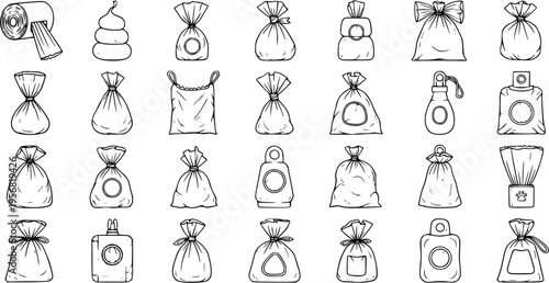 Set of Hand-Drawn Dog Waste Bag Icons and Pet Cleanup Supplies. Outline Poop Bags, Dispensers, and Toilet Paper for Pet Hygiene and Responsible Ownership.