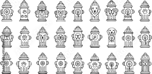 Collection of Fire Hydrant and Dog Icons: Black and White Line Art Set Featuring Various Dog Faces and Paw Prints, Sketch Style for Pet and Urban Themes