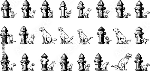 Diverse black and white hand-drawn vector illustrations of dogs and puppies interacting with fire hydrants, showcasing various poses and actions like sitting, standing, and urinating.