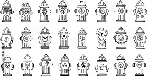 Collection of Detailed Dog-Themed Fire Hydrant Vector Illustrations with Various Canine Faces and Paw Prints
