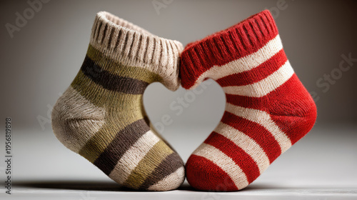 Two socks embrace, forming a heart shape, illustrating the perfect pair with a focus on love and affection. 
