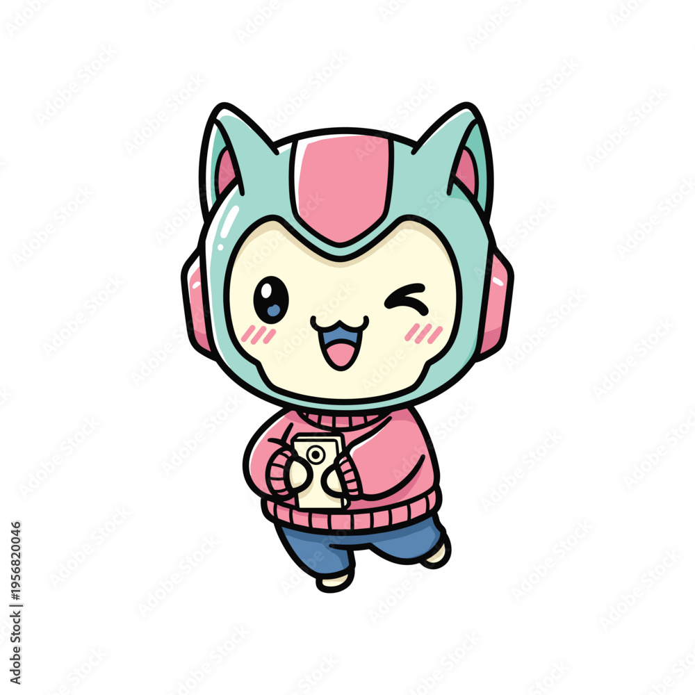 Fototapeta premium Cute Robot Cat Character Holding Phone Commercial