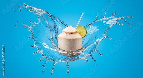 Coconut drink with dynamic water splash on bright blue background, refreshing summer beverage concept, vibrant and energetic composition with clean modern style
