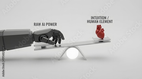 A conceptual image illustrating the delicate balance between raw artificial intelligence power and human intuition, represented by a robotic arm and a heart on a seesaw.