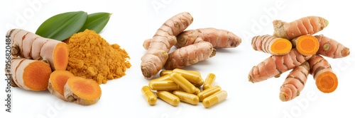 Turmeric roots and powder on white background turmeric powder isolated