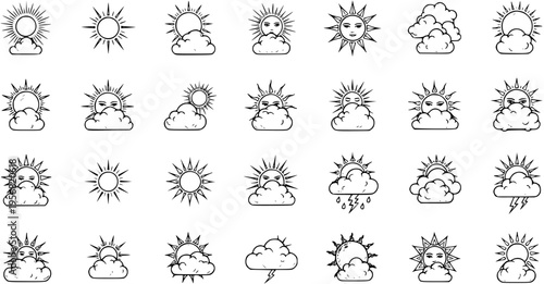 Hand-drawn Doodle Weather Forecast Icons Set. Sun, Clouds, Partly Cloudy, Rain, and Thunder Symbols Collection for Web and Mobile Apps. Outline Vector Illustration.