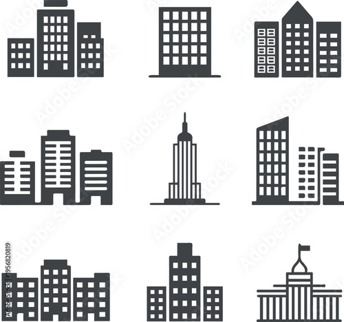 Nine housing building icons for property listings