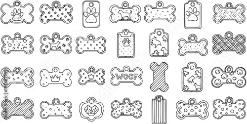 Collection of 3D dog tag designs: Vector illustration of bone-shaped and rectangular pet ID tags for personalization.