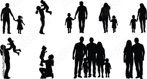 Family silhouettes collection with parents and children in different poses isolated on white background, parenting, love, bonding and lifestyle concept for vector illustration use