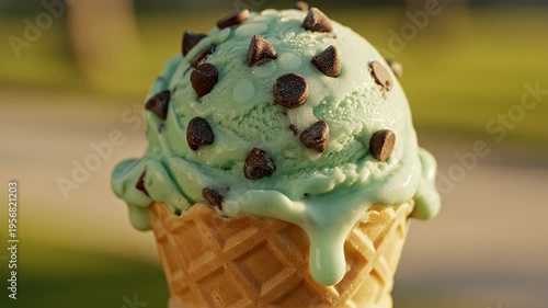 A close-up of a mint ice cream cone with chocolate chips, melting