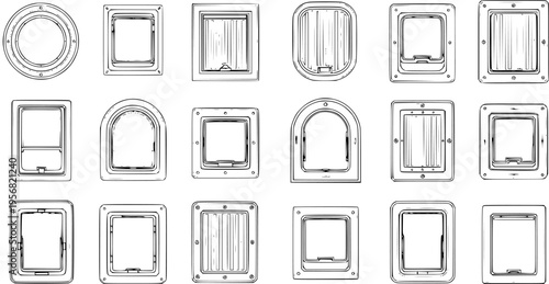 Collection of Various Style Dog and Cat Door Flaps: A Detailed Vector Illustration