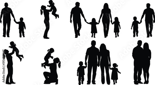 Family silhouettes set with parents and children in various poses isolated on white background, parenting, love, care concept for lifestyle design and illustration use