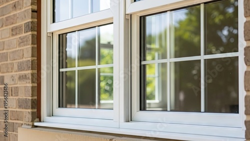A close-up view of a white window on a brick wall