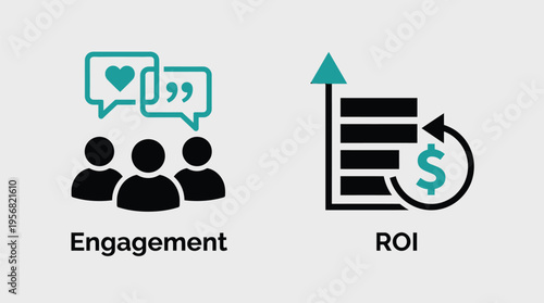 Vector graphic illustration showing business engagement and ROI growth concept with people icons, speech bubbles, and financial return on investment symbols in a modern design
