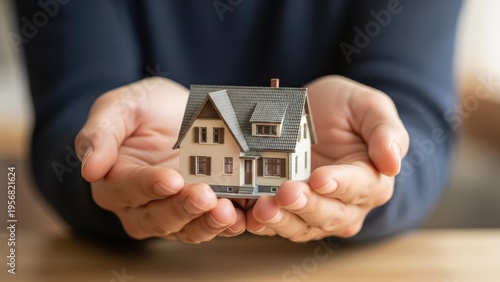 A person holding a small model house in their cupped hands