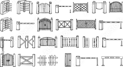 Detailed hand-drawn collection of gates, fences, turnstiles, and barriers. Outline sketch illustrations for security, access control, and architectural design.