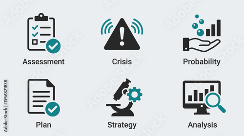 Business risk management vector illustration with assessment, crisis, probability, plan, strategy, and analysis icons in a graphic design
