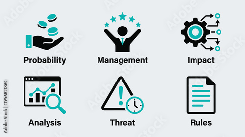 Risk management concepts illustrated through six key vector icons and labels