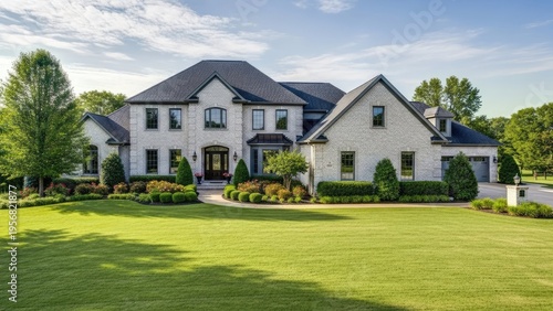 A large luxurious house with a well-manicured lawn and garden