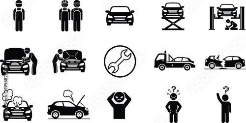 Car repair and maintenance icon set featuring mechanics, vehicle service, breakdown, accident, towing, tools, and automotive diagnostics concepts for garage, workshop, and transportation design