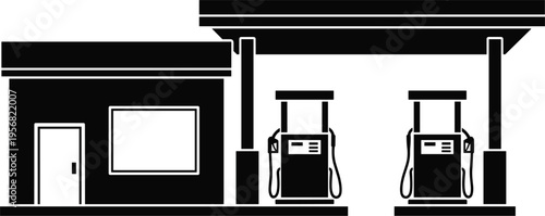 Gas station silhouette with fuel pumps and service building isolated on white background, petrol refueling facility, transportation energy supply and automotive infrastructure concept