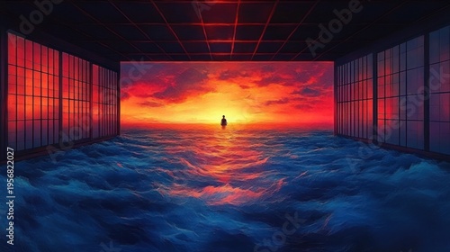 Solitary silhouette at a glowing sunset horizon inside a flooded room with rolling ocean waves, glowing grid windows and a dramatic fiery sky, serene and awe-filled